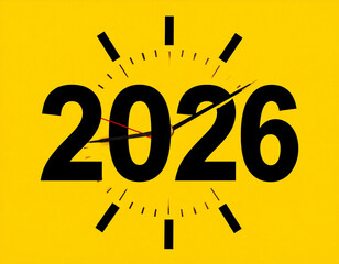 Bold 2026 year number with clock face and sunburst effect
