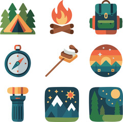 Flat $2D$ Camping and Wilderness Vector Icon Set