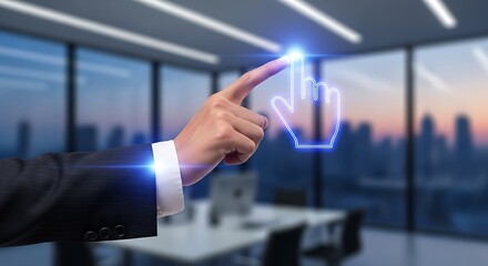 Businessman hand touching glowing cursor icon in modern office with city view image