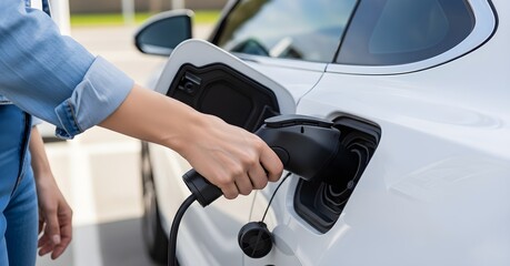 Charging an Electric Car at a Charging Station With Woman's Hand Connecting the Plug
