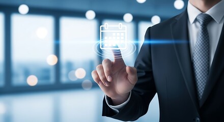 Businessman's finger touching glowing calendar icon on digital screen image