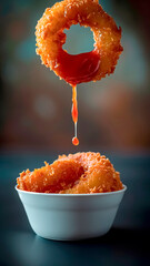 Crispy Fried Onion Ring Being Dipped into Red Dipping Sauce. Fast Food Appetizer, Savory Snack, Restaurant Dish.