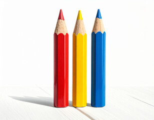 Red, Yellow, and Blue Pencils Standing on a White Table