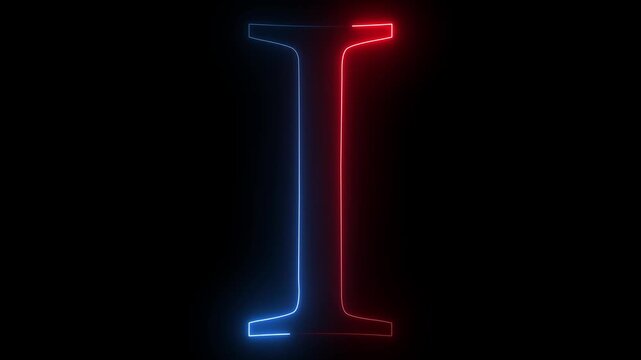 Glowing neon capital letter alphabet I animation. Purple and blue neon font letter "I" on black background. Educational concept