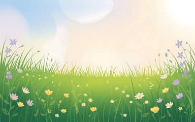 Fototapeta premium Wildflowers bloom amidst lush green grass under a soft, sunny sky background