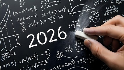 Erasing 2026 on a blackboard covered in complex mathematical equations and graphs
