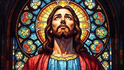 Stained Glass Jesus Portrait in Church Window