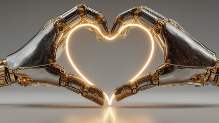 3D metallic hands forming a glowing neon heart with digital particles, futuristic love and technology connection concept generated AI