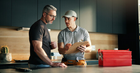 Plumber, talk and man with clipboard at house for inspection, plumbing evaluation or report....