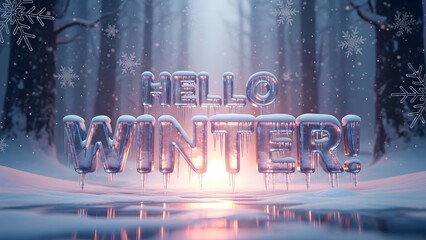 Hello winter greeting text made of ice and snow in a frozen forest landscape with snowflakes falling