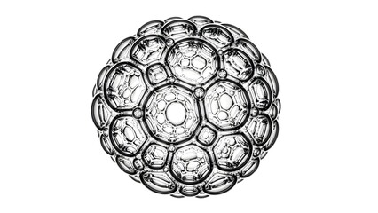 Black and white illustration of a complex spherical structure composed of interconnected bubbles or cells