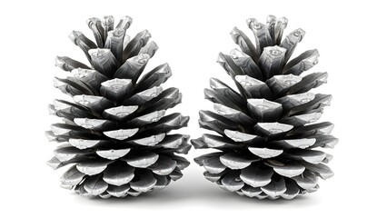 Two silver painted pine cones isolated on white background