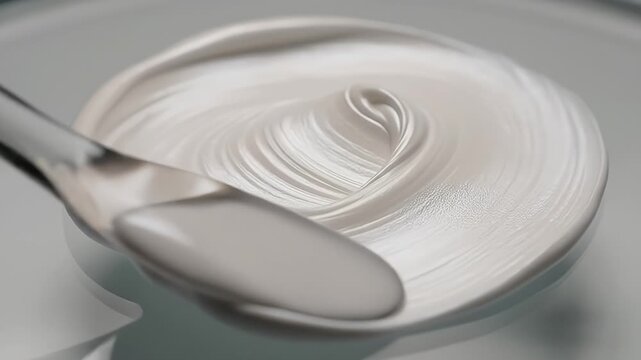 Close-up of a spatula spreading a creamy, light-colored substance in a circular motion on a smooth surface, creating a textured swirl.