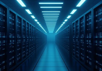 Big data center server racks hardware data network host room storage systems technology. 3d rendering.