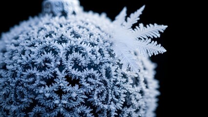 Closeup of frost crystals on a spherical object against a dark background