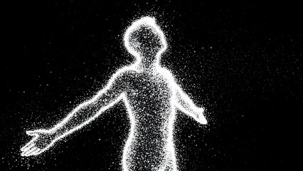 Fototapeta premium Human figure composed of glowing white particles against a dark background, arms outstretched