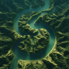 Emerald River Maze &ndash; Aerial Green Canyon and Curved Water Path