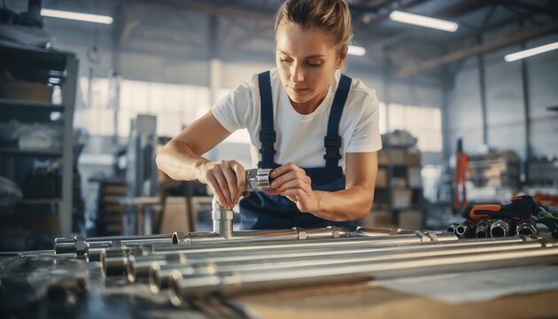 Female Plumber Assembling Pipe Fittings in Workshop