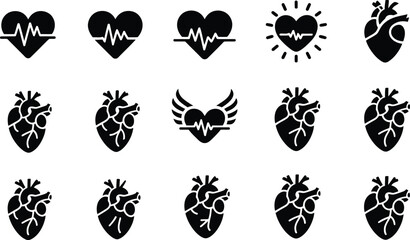 Fototapeta premium a collection of diverse black heart icons depicting anatomical structures electrocardiograms and symbolic representations of love and health high quality professional detailed modern elegant stylish