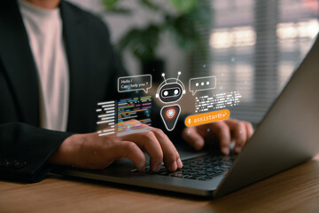 A business professional using a laptop with futuristic AI assistant icons, representing digital transformation, automation, and smart technology for modern workspace and efficient communication.