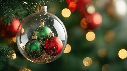 Translucent green and red Christmas tree ornaments, posters and banners wishing Merry Christmas and Happy New Year.