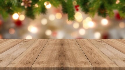 Natural wooden table for placing products on Christmas background.