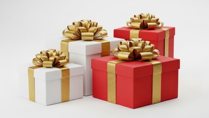 Four festive gift boxes with gold ribbons and bows, red and white. isolated on white background, illustration