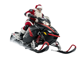 Rugged santa in leather-modified red suit, mirrored aviators, aggressively riding a metallic black snowmobile, kicking up snow against a transparent copy space, humorous modern holiday concept