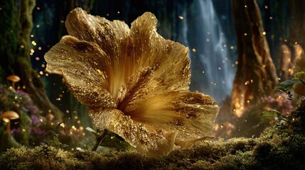 Golden Hibiscus Flower In Enchanted Forest