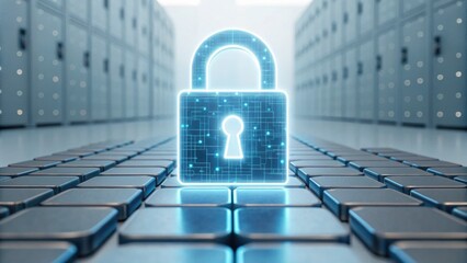 A digital padlock symbolizes security in a modern data center, highlighting the importance of data protection and cybersecurity.