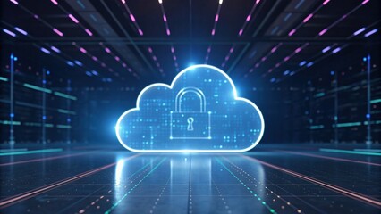 A digital cloud icon with a padlock symbolizes secure cloud storage, surrounded by a futuristic data center with vibrant lighting.