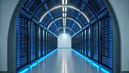 A futuristic server corridor illuminated by blue lights, showcasing rows of servers in a high-tech environment.