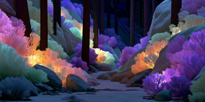 A futuristic neon valley glowing with holographic elements and digital landscape, sci-fi natural environment generated AI - Powered by Adobe