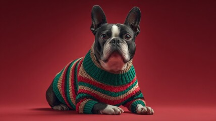 A stylish dog in a colorful sweater poses adorably against a vibrant backdrop, showcasing its charming personality.