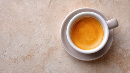 Freshly Brewed Espresso in a White Cup on a Smooth Marble Surface Perfect for Coffee Lovers and Cozy Cafes, Ideal for Beverage and Food Photography