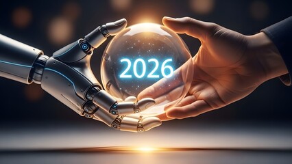 Human and robot hands holding a glowing crystal ball showing the year 2026