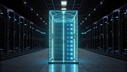 A futuristic data center featuring illuminated server racks, showcasing advanced technology and a sleek design.