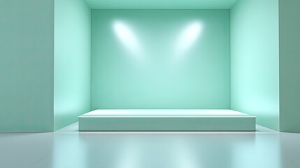Fototapeta premium Minimalist Interior Space with Soft Mint Green Wall and Simple Display Platform Illuminated by Bright LED Lights