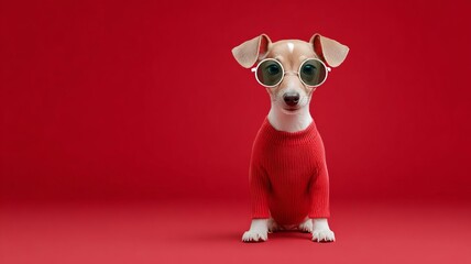 A fashionable dog wearing sunglasses and a red outfit poses confidently against a vibrant red background.