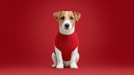A cute dog in a red sweater sits against a bright red background, radiating warmth and charm.