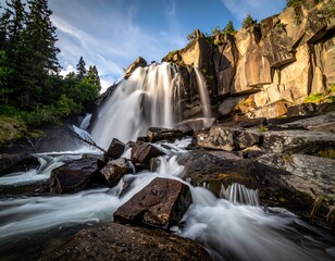 Stunning cascading water with rocky foreground against the high cliff face