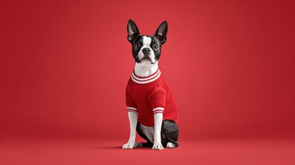 Playful Boston Terrier wearing a red shirt in Christmas against a vibrant red background, showcasing its adorable personality.
