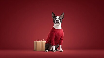A stylish dog sits beside a gift box, wearing a warm red sweater against a vibrant background.