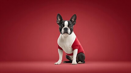 A cute Boston Terrier wearing a red shirt, posing confidently against a vibrant red background.