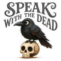 Obraz premium Black crow perched on a human skull beneath hand-lettered 