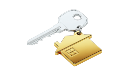 House Key with Golden House Charm on White Background