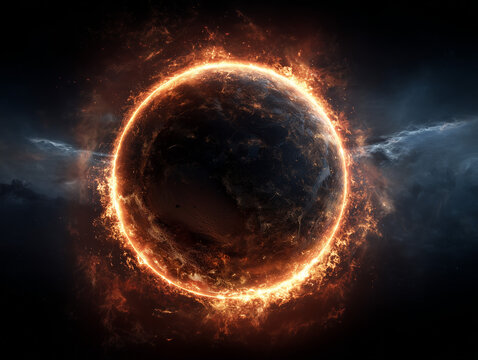 Fiery ring surrounding a black planet symbolizing power of cosmic forces, creation and destruction, futuristic exploration, astronomy and energy cycle in space