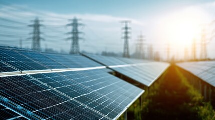 Solar panels and power lines in sunlight