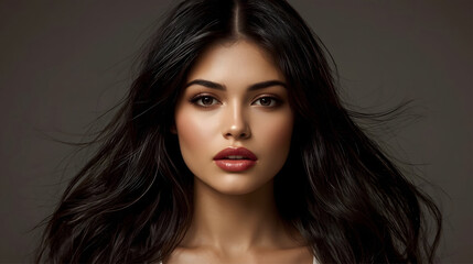Naklejka premium realistic portrait of a woman with black hair on black background