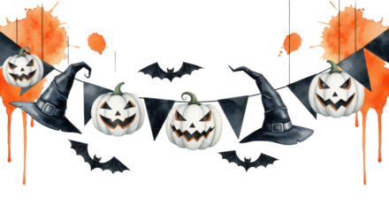 Hand-painted watercolor halloween garland banner featuring white jack-o'-lanterns, black bats, and witch hats, isolated on a white background with orange paint splatters. Concept for party advertising